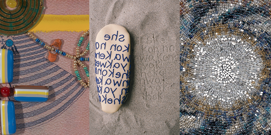 “Three images: photo on left shows blue, yellow and green beads in flower formations on a pink background; photo in middle shows a beaded moccasin upside down on the sand, a message on the sole; the image to the right shows hundreds of tiny clear, blue and bronze seed beads in row upon row”