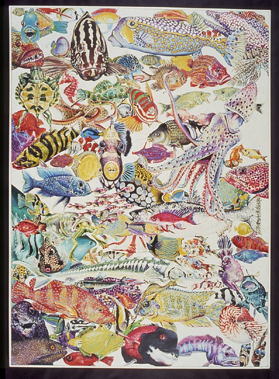 An acrylic and graphite picture depicting a multitude of fish and other deep sea creatures.
